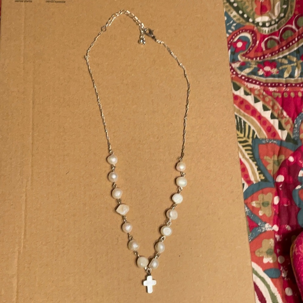 Faux Pearl and Cross Necklace